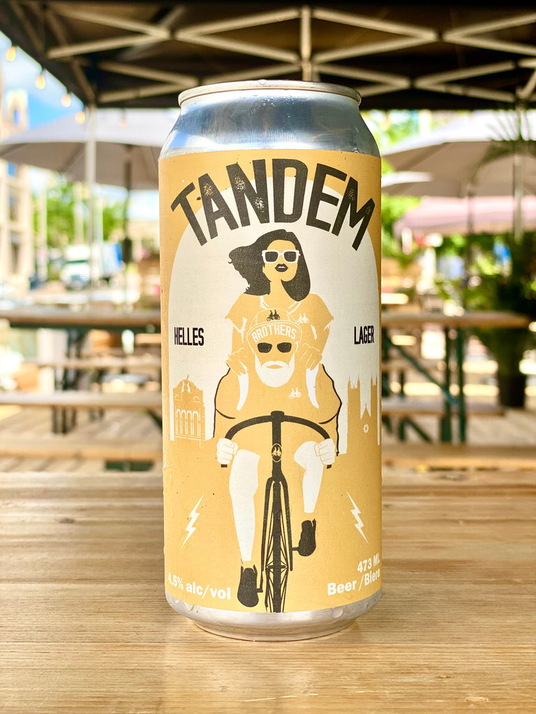 Tandem Helles Lager Can on Brothers Brewing Company's Patio
